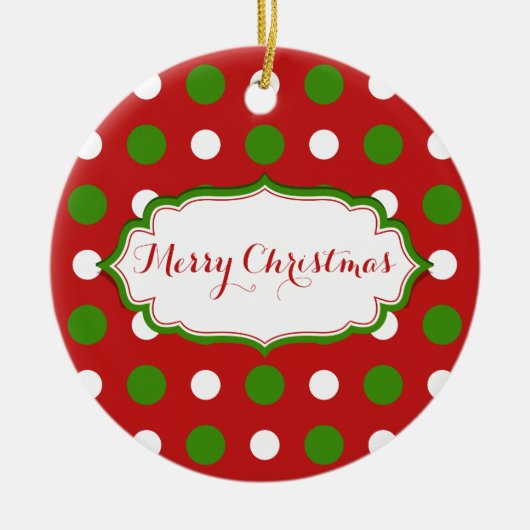 Fun-kerstgroene en witte poka-stippen op rood keramisch ornament (Voorkant)