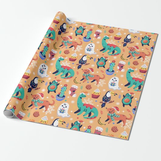 Fun Kerstmis Dinosaur Dog Parrot Avocado Cactus Cadeaupapier (Uitgerold)