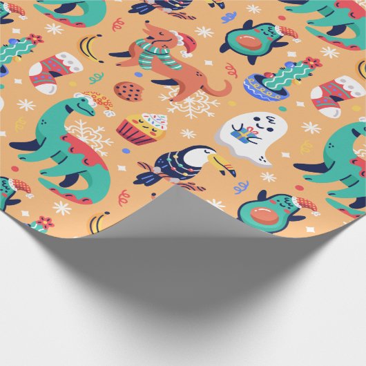 Fun Kerstmis Dinosaur Dog Parrot Avocado Cactus Cadeaupapier (Hoek)