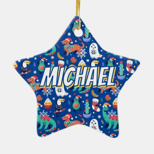 Fun Kerstmis Dinosaur Dog Parrot Avocado Cactus Keramisch Ornament (Achterkant)