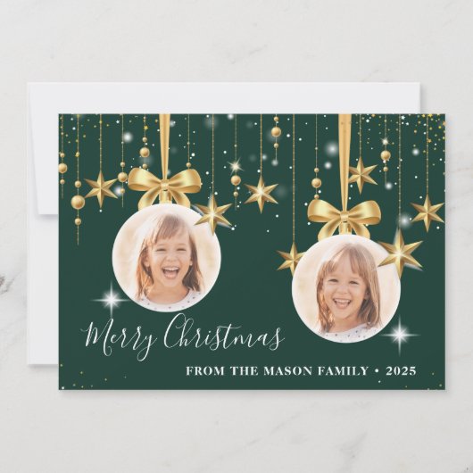 Fun Kerstornament Foto Green Gold Feestdagenkaart (Voorkant)