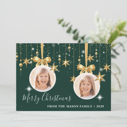 Fun Kerstornament Foto Green Gold Feestdagenkaart (Staand voorkant)