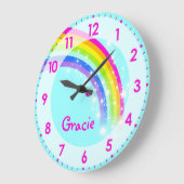 Fun kids girls rainbow name aqua pink wall clock grote klok (Hoek)