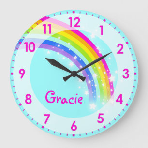 Fun kids girls rainbow name aqua pink wall clock grote klok