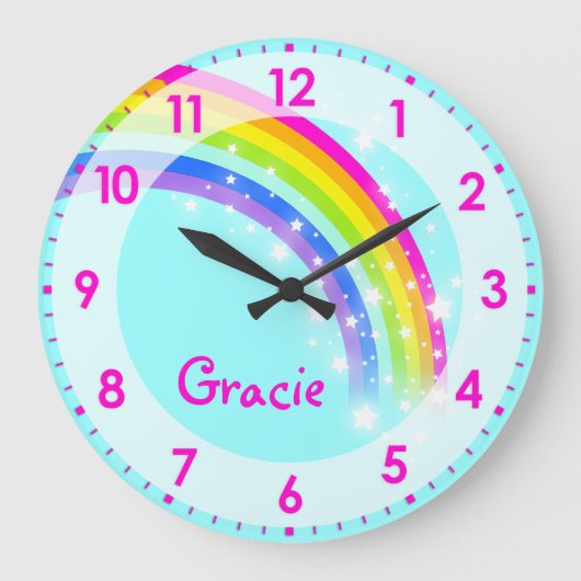 Fun kids girls rainbow name aqua pink wall clock grote klok (Voorkant)