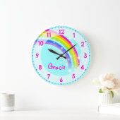 Fun kids girls rainbow name aqua pink wall clock grote klok (Huis)