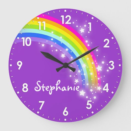 Fun kids girls rainbow name purple wall clock grote klok (Voorkant)