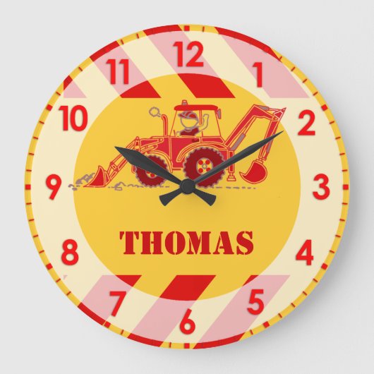 Fun kids tractor digger wall clock grote klok (Voorkant)