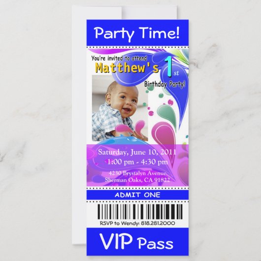 Fun Kinder VIP Pass Event Ticket Photo Party (blau Kaart (Voorkant)