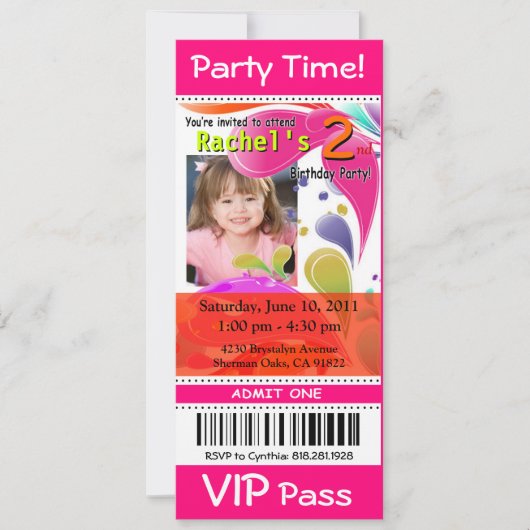 Fun Kinder VIP Pass Event Ticket Photo Party fusch Kaart (Voorkant)