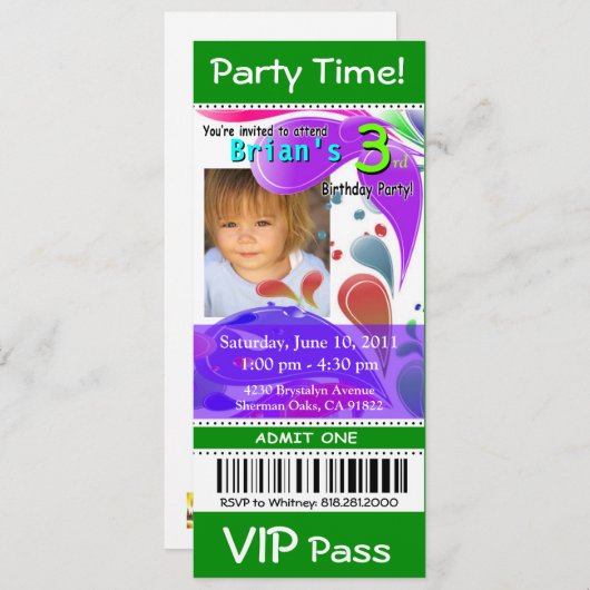 Fun Kinder VIP Pass Event Ticket Photo Party (groe Kaart (Voorkant / Achterkant)