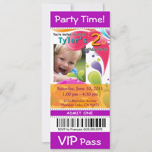 Fun Kinder VIP Pass Event Ticket Photo Party paars Kaart (Voorkant)