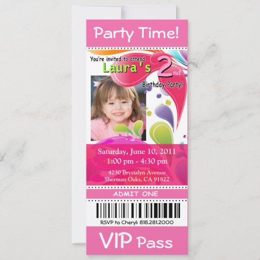 Fun Kinder VIP Pass Event Ticket Photo Party (roze Kaart (Voorkant)