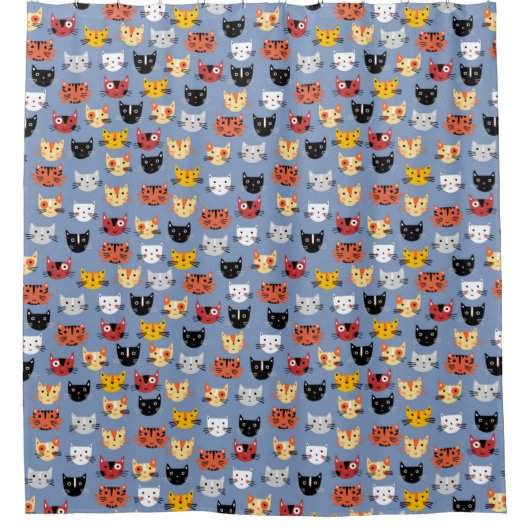 Fun Kitty Cat Pattern Blue Douchegordijn (Voorkant)