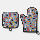 Fun Kitty Cat Pattern Blue Ovenwant & Pannenlap Set (Voorkant)