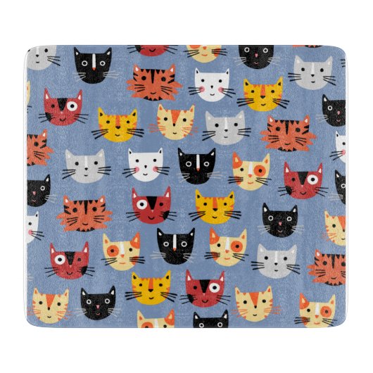 Fun Kitty Cat Pattern Blue Snijplank (Voorkant)