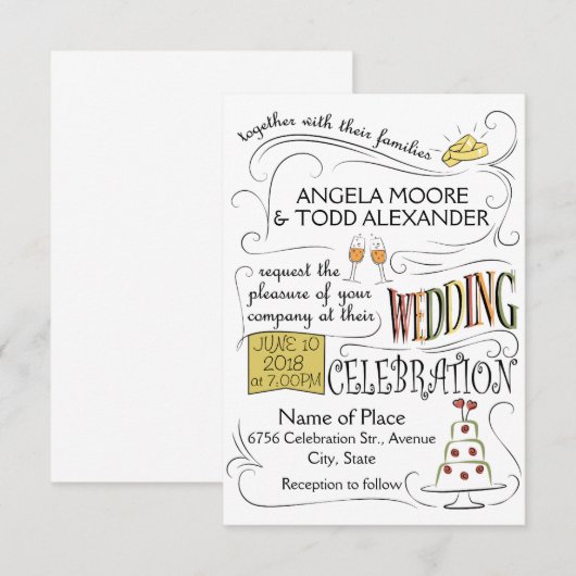 Fun, kleurrijk huwelijksuitnodigingsontwerp kaart (Voorkant / Achterkant)