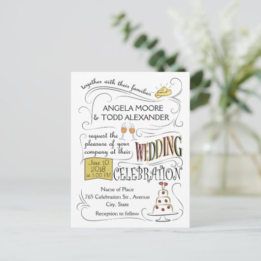 Fun, kleurrijk huwelijksuitnodigingsontwerp uitnodiging briefkaart (Staand voorkant)