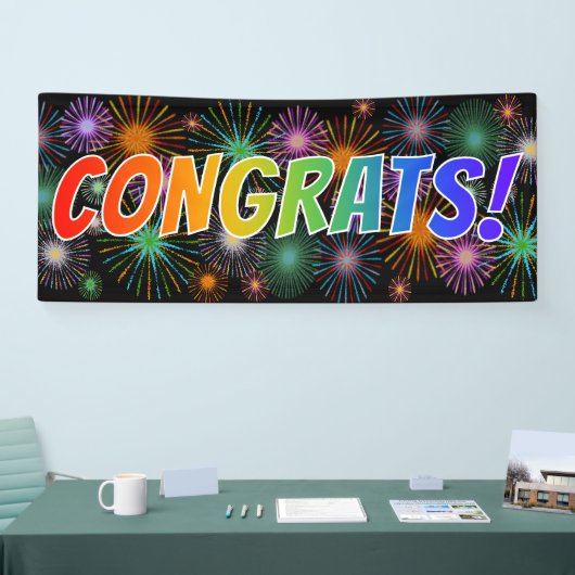 Fun, kleurrijk, regenboog "CONGRATS"! + Fireworks Spandoek (Beurs)