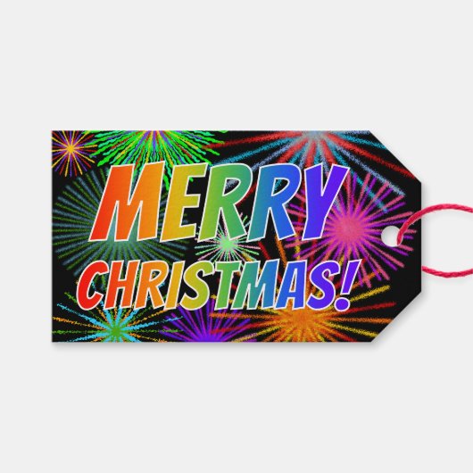 Fun, kleurrijk, regenboogspectrum "MERRY CHRISTMAS Cadeaulabel (Voorkant (Horizontaal))