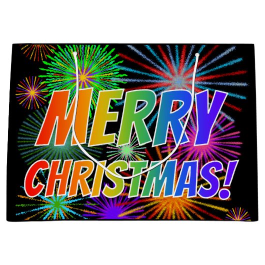 Fun, kleurrijk, regenboogspectrum "MERRY CHRISTMAS Groot Cadeauzakje (Voorkant)