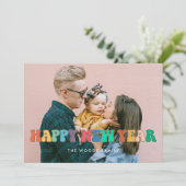 Fun, kleurrijk  script Happy New Year foto Feestdagenkaart (Staand voorkant)