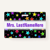 Fun, kleurrijk sterrenpatroon + aangepaste leraren badge (Voorkant)