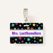 Fun, kleurrijk sterrenpatroon + aangepaste leraren badge (Achterkant met clip)