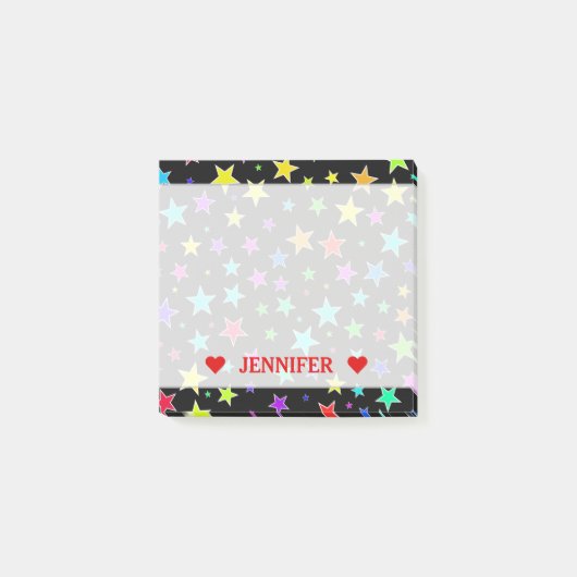 Fun, kleurrijk sterrenpatroon en aangepaste naamno post-it® notes (Voorkant)