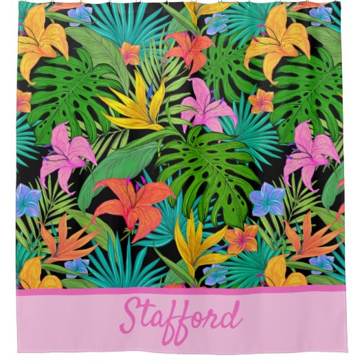 Fun, kleurrijk, voeg tropische olie en bloemen toe douchegordijn (Voorkant)