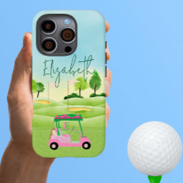 Fun Lady Golfer Roze Winkelwagen Clubs Monogram Na iPhone 16 Pro Hoesje