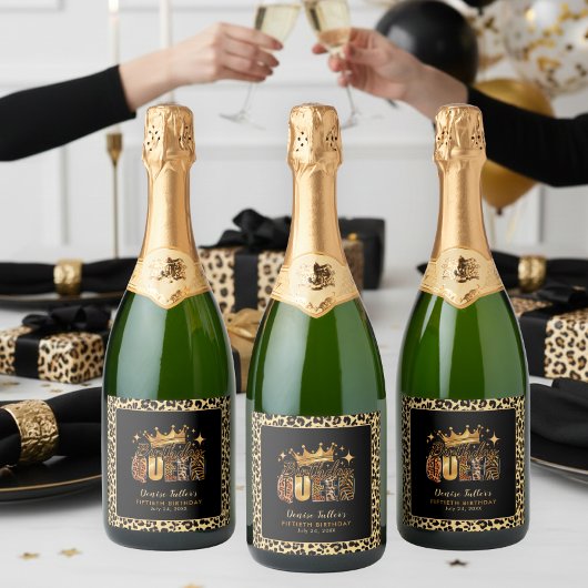 Fun Leopard Birthday Queen Fifty Birthday Sparkling Wijnetiket