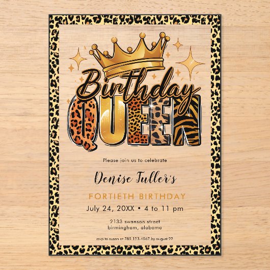 Fun Leopard Birthday Queen Forty Birthday Acryl Uitnodigingen (Voorkant)