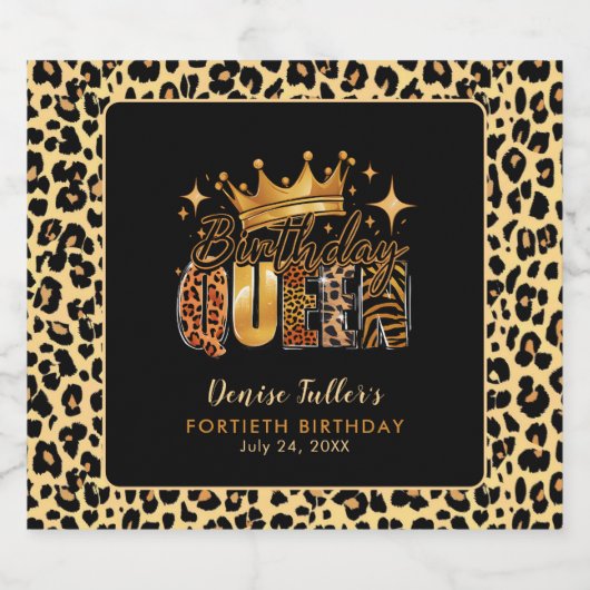 Fun Leopard Birthday Queen Forty Birthday Sparkling Wijnetiket (Enkel label)