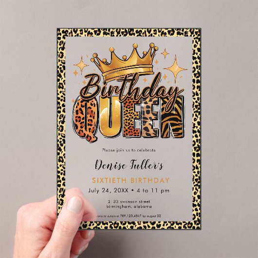 Fun Leopard Birthday Queen Sixty Birthday Acryl Uitnodigingen (Insitu (Draagbaar))
