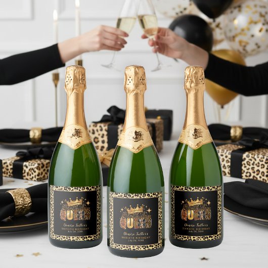 Fun Leopard Birthday Queen Sixty Birthday Sparkling Wijnetiket