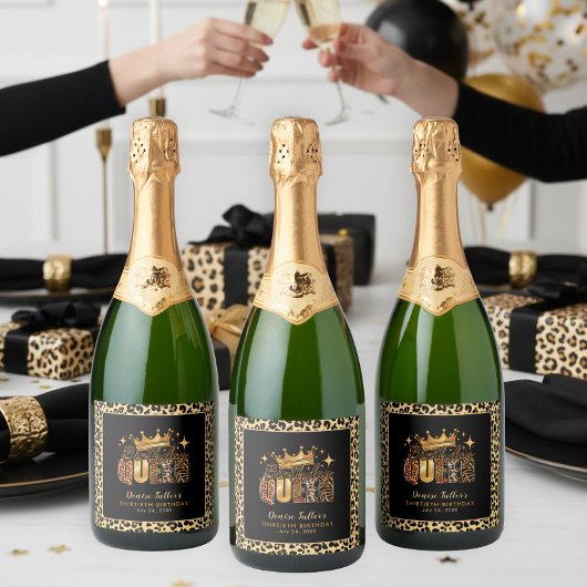 Fun Leopard Birthday Queen Thirty Birthday Sparkling Wijnetiket