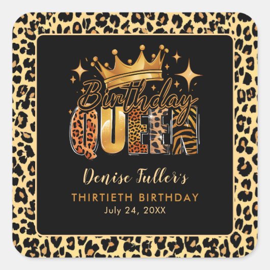 Fun Leopard Birthday Queen Thirty Birthday Vierkante Sticker (Voorkant)