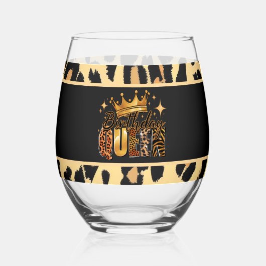 Fun Leopard Birthday Queen Thirty Birthday Wijnglas Zonder Voet (Voorkant)