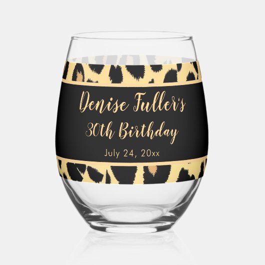 Fun Leopard Birthday Queen Thirty Birthday Wijnglas Zonder Voet (Achterkant)