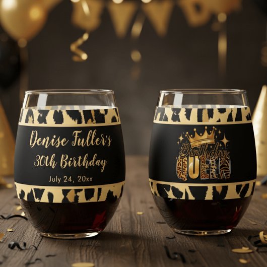 Fun Leopard Birthday Queen Thirty Birthday Wijnglas Zonder Voet