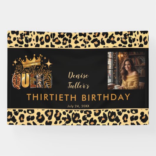 Fun Leopard Birthday Queen Thirty Photo Birthday Spandoek (Horizontaal)