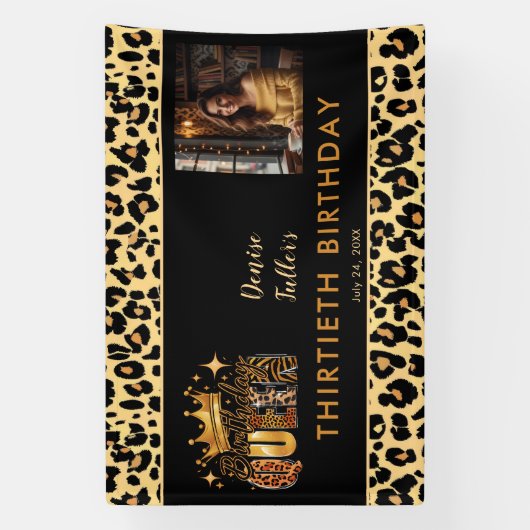 Fun Leopard Birthday Queen Thirty Photo Birthday Spandoek (Verticaal)