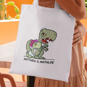 Fun Little Sister Cartoon T-Rex Dinosaur Name Tote Bag