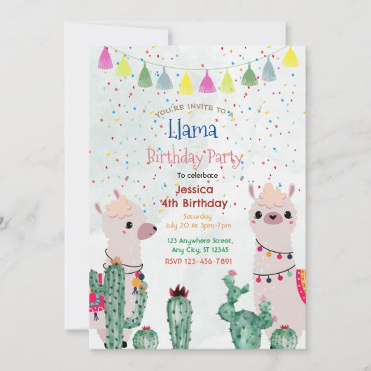 Fun Llama Party Uitnodiging Verjaardag (Voorkant)
