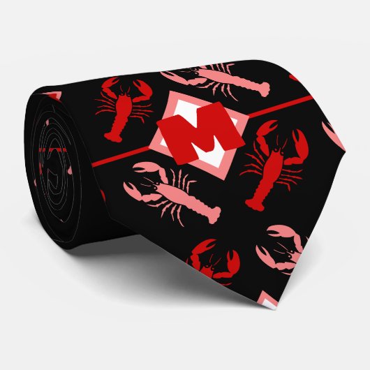 Fun Lobster & Monogram Patroon | Rood en zwart Stropdas (Opgerold)