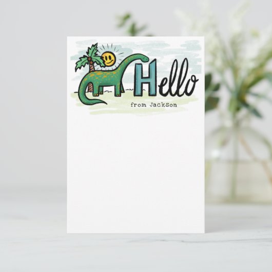 Fun Long Neck Dinosaur Hallo Personal Kinder Note Bedankkaart (Staand voorkant)