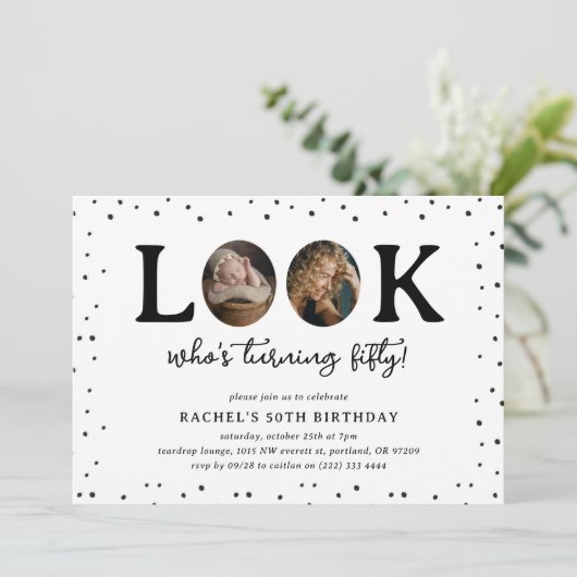 Fun Look's Who's 50' 2 x photo 50th Birthday Kaart (Staand voorkant)