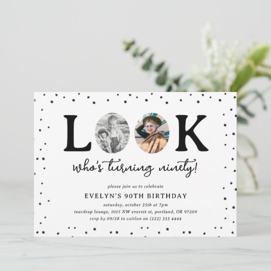 Fun Look's Who's 90' 2 x photo 90th Birthday Kaart (Staand voorkant)