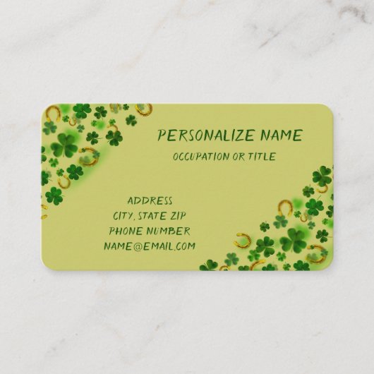 Fun Lucky Green Four Leaf Clover Gold Hoefijzer Visitekaartje (Voorkant)